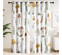 Assorted Mushrooms & Fern Leaves Blackout Curtains - Window Drapes in Cartoon, Vintage, Natural, Botanical, Adjustable Thermal Insulated Noise Reducing Curtains for Guest Bedroom