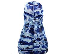 Assorted Paisley Bandana Doo rag Cap Headwraps Men's Women's Silk Durag with Long Tail and Wide Straps for 360 Waves, Blue Camouflage, 7 3/8