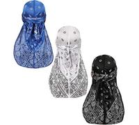 Assorted Paisley Bandana Doo rag Cap Headwraps Men's Women's Silk Durag with Long Tail and Wide Straps for 360 Waves, Black,navy Bule,white, 7.375