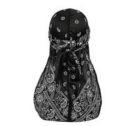 Assorted Paisley Bandana Doo rag Cap Headwraps Men's Women's Silk Durag with Long Tail and Wide Straps for 360 Waves, Black, 7 3/8