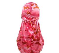 Assorted Paisley Bandana Doo rag Cap Headwraps Men's Women's Silk Durag with Long Tail and Wide Straps for 360 Waves, Pink Camouflage, 7 3/8