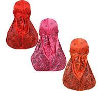 Assorted Paisley Bandana Doo rag Cap Headwraps Men's Women's Silk Durag with Long Tail and Wide Straps for 360 Waves, Red,rose Red,orange, 7 3/8