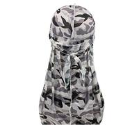 Assorted Paisley Bandana Doo rag Cap Headwraps Men's Women's Silk Durag with Long Tail and Wide Straps for 360 Waves, Grey Camouflage, 7 3/8