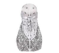 Assorted Paisley Bandana Doo rag Cap Headwraps Men's Women's Silk Durag with Long Tail and Wide Straps for 360 Waves, White, One size