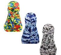 Assorted Paisley Bandana Doo rag Cap Headwraps Men's Women's Silk Durag with Long Tail and Wide Straps for 360 Waves, Camouflage 3 Pack, 7 3/8