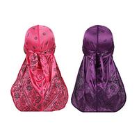 Assorted Paisley Bandana Doo rag Cap Headwraps Men's Women's Silk Durag with Long Tail and Wide Straps for 360 Waves, Rose Red,purple, 7.375