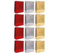 Assorted Red, Silver & Gold Holographic Wine Bottle Gift Bags - 12-Piece Medium Set with Rope Handles for Holiday, Wedding & Anniversary