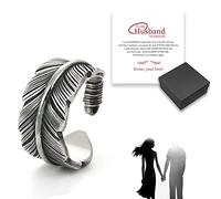 Assote to My Husband in Heaven Personalized Feather Ring, Adjustable Embrace Angel Feather Wing Ring, The Day I Lost You Memorial Plume Ring, Vintage Statement Leaf Cast Memorial Gift (Black)