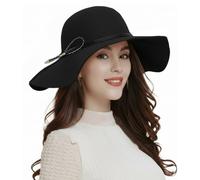 ASSQI Women's 100% Wool Foldable Wide Brim Retro Fedora Floppy Felt Bowler Hat, Z-black, One Size