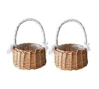 ASSR 2PCS Woven Storage Basket w/Handle and Ribbon,Wedding Flower Girl Baskets,Wicker Rattan Flower Basket for Home Garden Decor -A1