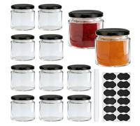 ASSRECT 12 Pack 150ml Glass Jam Jars with Black Lids, 5oz Mini Round Glass Containers with 12 Labels & 1 Marker Pen, Reusable Storage Jars for Jam, Honey, Spices, Chutney, Pickles