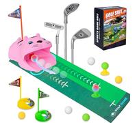 ASSRECT Kids Toy Golf Set with Tiger Automatic Ball Returner, 4 Light-Up Golf Balls, 3 Clubs & Putting Mat, Toddler Mini Golf Games, Indoor Outdoor Sports Toys Gifts for Boys Girls Aged 3-8 (Pink)