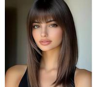 ASSU Brown Straight Synthetic Wig with Bangs for Women | Breathable Rose Net Cap, 150% Density | Perfect for Music Festivals & Spring Summer Events| Wig Accessories | Includes WigCap