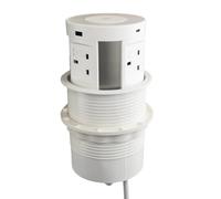 Assured Desk Power Pop-Up 4 Fused UK Sockets 2x USB-A 2x USB-C Qi Wireless Charger White 0.5m + 2m Starter Lead