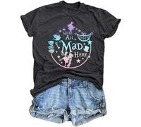 ASTANFY We're All Mad Here Shirt Women Magical Graphic Tees Cute Vacation Tops Casual Short Sleeve Shirts, A-black Grey, M