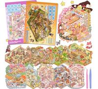 ASTARON 12 Sets DIY 3D Sticker Scene Book Sticker Therapy for Adults, Make Your Own Mini Cozy Shop House Room Stickers Cute Cartoon Miniature Stickers for Girls, Relief Stress Pass The Time