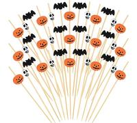 ASTARON 150 Counts Halloween Pumpkin Cocktail Picks for Halloween Party Supplies Wooden Bats and Skull Cocktail Picks 4.7 in Appetizer Picks Fruit Forks for Halloween Decorations