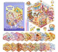 ASTARON 20 Sets DIY 3D Sticker Scene Book for Adults, Make Your Own Mini Cozy Shop House Room Stickers Cute Cartoon Miniature Stickers for Girls, Relief Stress Pass The Time