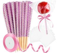 ASTARON 24 Pack Glitter Bling Candy Apple Sticks and Bags, Cake Pop Sticks Kit Including Caramel Apple Sticks with Ribbon and Chocolate Apple Packaging Bags for Party Supplies (Pink)