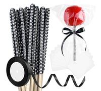 ASTARON 24 Pack Glitter Bling Candy Apple Sticks and Bags, Cake Pop Sticks Kit Including Caramel Apple Sticks with Ribbon and Chocolate Apple Packaging Bags for Party Supplies (Black)