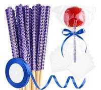 ASTARON 24 Pack Glitter Bling Candy Apple Sticks and Bags, Cake Pop Sticks Kit Including Caramel Apple Sticks with Ribbon and Chocolate Apple Packaging Bags for Party Supplies (Purple Blue)