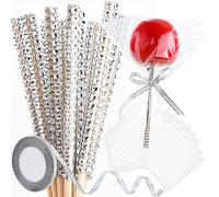 ASTARON 24 Pack Glitter Bling Candy Apple Sticks and Bags, Toffee Caramel Chocolate Kit Including Sticks, Glitter Ribbon and Packaging Bags for Candy Apple Supplies (Silver)