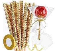 ASTARON 24 Pack Glitter Bling Candy Apple Sticks and Bags, Toffee Caramel Chocolate Kit Including Sticks, Glitter Ribbon and Packaging Bags for Candy Apple Supplies (Gold)