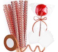 ASTARON 24 Pack Glitter Bling Candy Apple Sticks and Bags, Toffee Caramel Chocolate Kit Including Sticks, Glitter Ribbon and Packaging Bags for Candy Apple Supplies (Red)