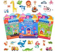 ASTARON 3 Pack Reusable Sticker Books for Kids, Cute Waterproof Dinosaurs Animals Vehicles Stickers, Portable Travel Toys and Educational Sensory Learning Toys (3-6 Age)