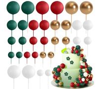 ASTARON 32 Pcs Ball Cake Topper Christmas Decorations Mini Balloons Cake Topper Sticks Foam Balls Cake Picks Balls Decorations for Christmas Birthday Cake (Red Green Gold)