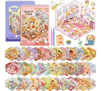 ASTARON 40 Sets DIY 3D Sticker Scene Book Sticker Therapy for Adults, Make Your Own Mini Cozy Shop House Room Stickers Cute Cartoon Miniature Stickers for Girls, Relief Stress Pass The Time