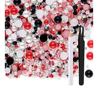 ASTARON 50g Mix Flat Back Pearls and Rhinestones for Crafts Mixed Size 3mm-10mm Flat Back Rhinestones for Crafts Flatback Pearls for DIY Tumblers Mugs Nail Art Shoes Clothes (Red Black Series)