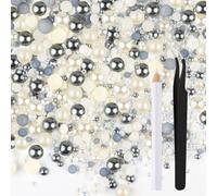 ASTARON 50g Mix Flatback Rhinestones Half Pearls for Crafts Mixed Size 3mm-10mm Flat Back Rhinestones for Crafts Flatback Pearls for Decorating Tumblers Mugs Nail Art Shoes (Silver Gray，White)
