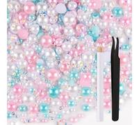 ASTARON 50g Mix Flatback Rhinestones Half Pearls for Crafts Mixed Size 3mm-10mm Flat Back Rhinestones for Crafts Flatback Pearls for Decorating Tumblers Mugs Nail Art Shoes (Pink Blue Series)