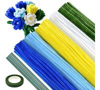 ASTARON 521 Pcs Pipe Cleaners Craft Set, 5 Colors Pipe Cleaners Bulk Pastel Chenille Stems for Craft Pipe Cleaner Flowers Making Kit with Floral Wires, Gardening Tape (Blue Yellow Series)
