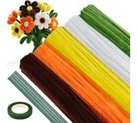 ASTARON 521 Pcs Pipe Cleaners Craft Set, 5 Colors Pipe Cleaners Bulk Pastel Chenille Stems for Craft Pipe Cleaner Flowers Making Kit with Floral Wires, Gardening Tape(Orange Yellow Brown)