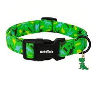 Astdogio Dinosaur Dog Collar，Green with Multicolor Dino Pattern Handmade Cotton Collar for Small Medium Large Dogs, Adjustable & Comfortable Puppy Collar for Daily Walks, Park Adventures or Photos-M