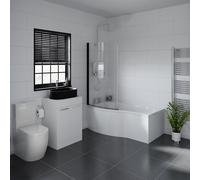 Aster Left Hand P Shaped Bathroom Suite including Countertop Basin and Gloss White Vanity Unit with Polished Chrome Handles | Matt Black | ABS Polished Chrome | 1500mm