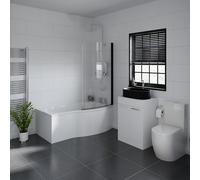 Aster Right Hand P Shaped Bathroom Suite including Countertop Basin and Gloss White Vanity Unit with Polished Chrome Handles | Matt Black | ABS Polished Chrome | 1500mm