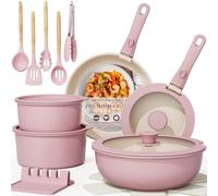 Astercook 21 Pcs Pots and Pans Non Stick Ceramic Cookware Set, Detachable Handles, RV Kitchen Cooking Set, Oven Safe, Induction Ready, Stackable, Pink