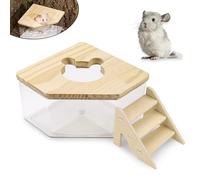 ASTIMESA Plastic Hamster Sand Bath Container with Ladder, Clear Hamster Litter Box Tub Wood Cover for Chinchilla Pet Gerbil Guinea Pig Digging Small Animal House Rectangle