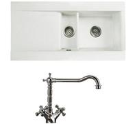 Astini Desire 1.5 Bowl Gloss White Ceramic Kitchen Sink (595X475X220mm) With Wastes & 25411Ch Chrome Tap