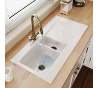 Astini Desire 150 1.5 Bowl Gloss White Ceramic Inset Kitchen Sink With Overflow & 2 X 90mm Wastes