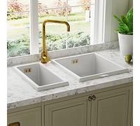 Astini Hampton 150 1.5 Bowl White Ceramic Undermount Kitchen Sink & Gold Waste