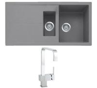 Astini Livio 1000mm 1.5 Bowl Granite Grey Reversible Kitchen Sink With Waste & Cosmo 5E Tap