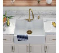 Astini Lsc Butler 595 1-Bowl White Ceramic Undermount Kitchen Sink With Tap Ledge And Gold Waste
