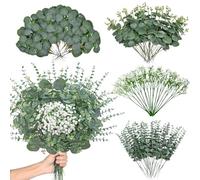 ASTNIC 120 Bunches Artificial Eucalyptus Greenery Stems with 4 Kinds of Mixed Faux White Baby Breath Flowers Bouquet Fake Silk Leaves Plants for Wedding Table DIY Wreath Floral Home Decoration