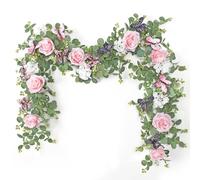 ASTNIC 2 Pack 5.9FT Artificial Eucalyptus Flower Garland with 3D Butterfly | Silk Rose, Fake Hanging Plants Floral Ivy Vines Greenery Eucalyptus Garland for Wedding Arch Party Table Runner Room Decor