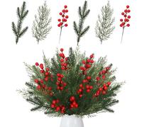 ASTNIC 65PCS Christmas Artificial Pine Branches with Red Berry Stems Christmas Foliage Norfolk Pine Needles Leaves Stems Fake Holly Green Sprigs for DIY Craft Garland Wreath Home Holiday Decor