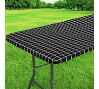 ASTNIC Rectangular Elastic Table Cloth Fitted Flannel Backed, 6Ft Folding Waterproof Black Plaid Vinyl Wipeable Oil-proof PVC Table Protector Cover for Kitchen Dining Room Picnic Tabletop (75x180cm)